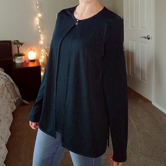 Green sparkle long sleeve layered jacket blouse - Picture 5 of 9